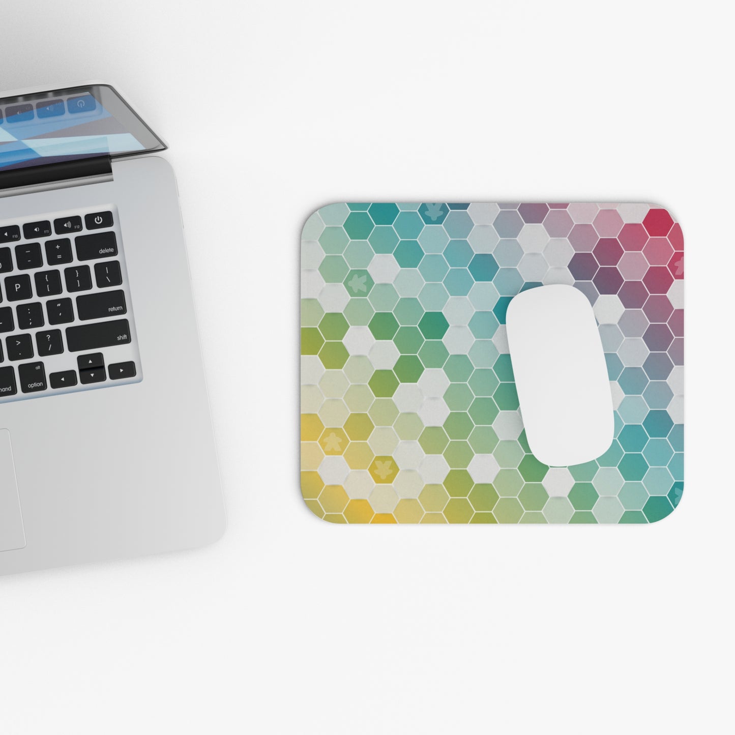 Rainbow Hexagon Mouse Pad – Board Game Inspired Design with Subtle Meeples – Gaming and Office Accessory