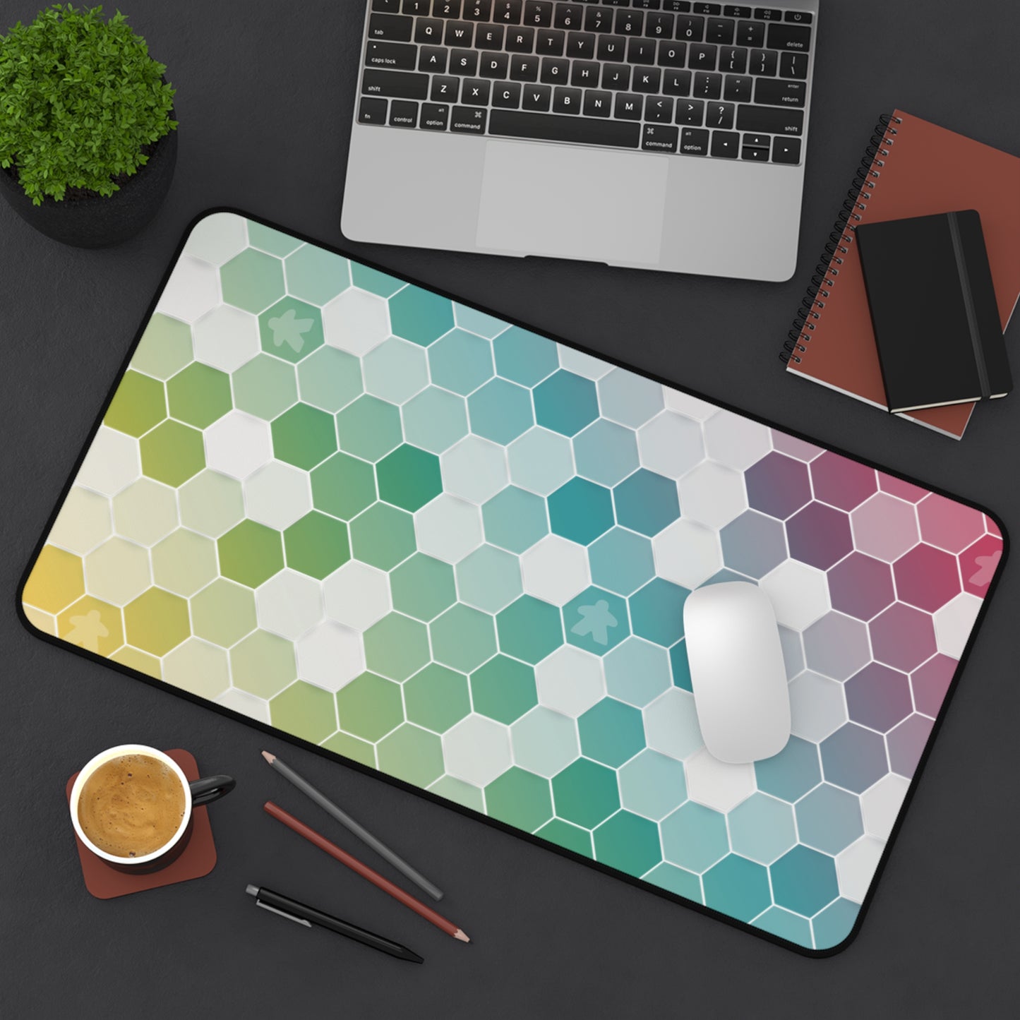 Rainbow Hexagon Desk Mat – Board Game Inspired Design with Subtle Meeples – Extra-Large Gaming and Office Desk Mat