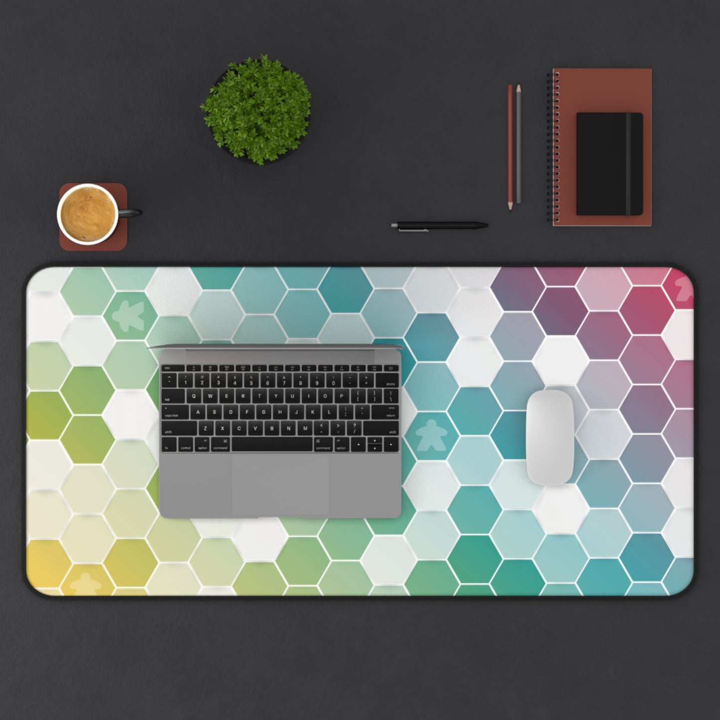 Rainbow Hexagon Desk Mat – Board Game Inspired Design with Subtle Meeples – Extra-Large Gaming and Office Desk Mat