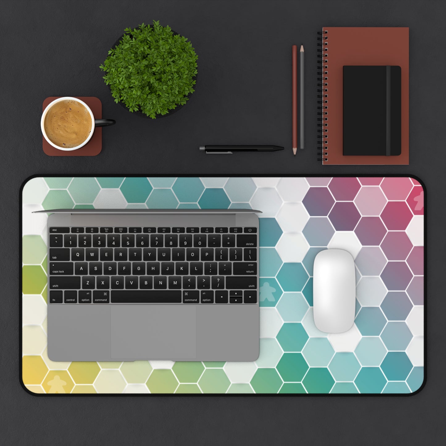 Rainbow Hexagon Desk Mat – Board Game Inspired Design with Subtle Meeples – Extra-Large Gaming and Office Desk Mat