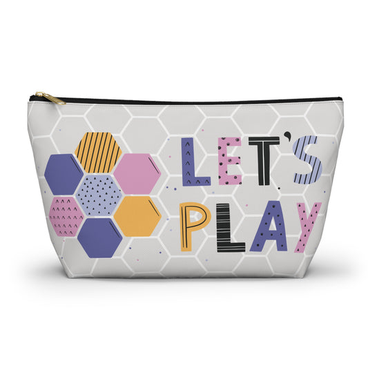 "Let's Play" Accessory Pouch – Hexagon Pattern with Meeple and Colorful Hex Icon