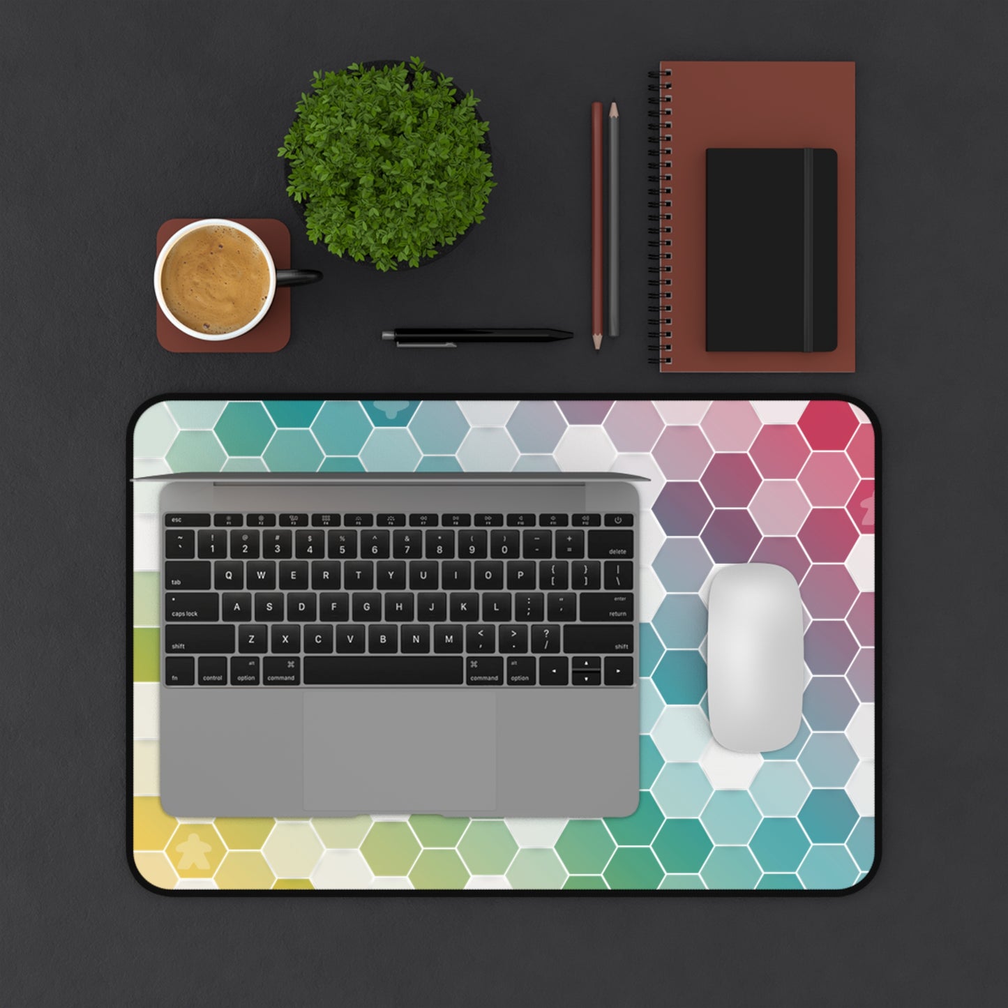 Rainbow Hexagon Desk Mat – Board Game Inspired Design with Subtle Meeples – Extra-Large Gaming and Office Desk Mat