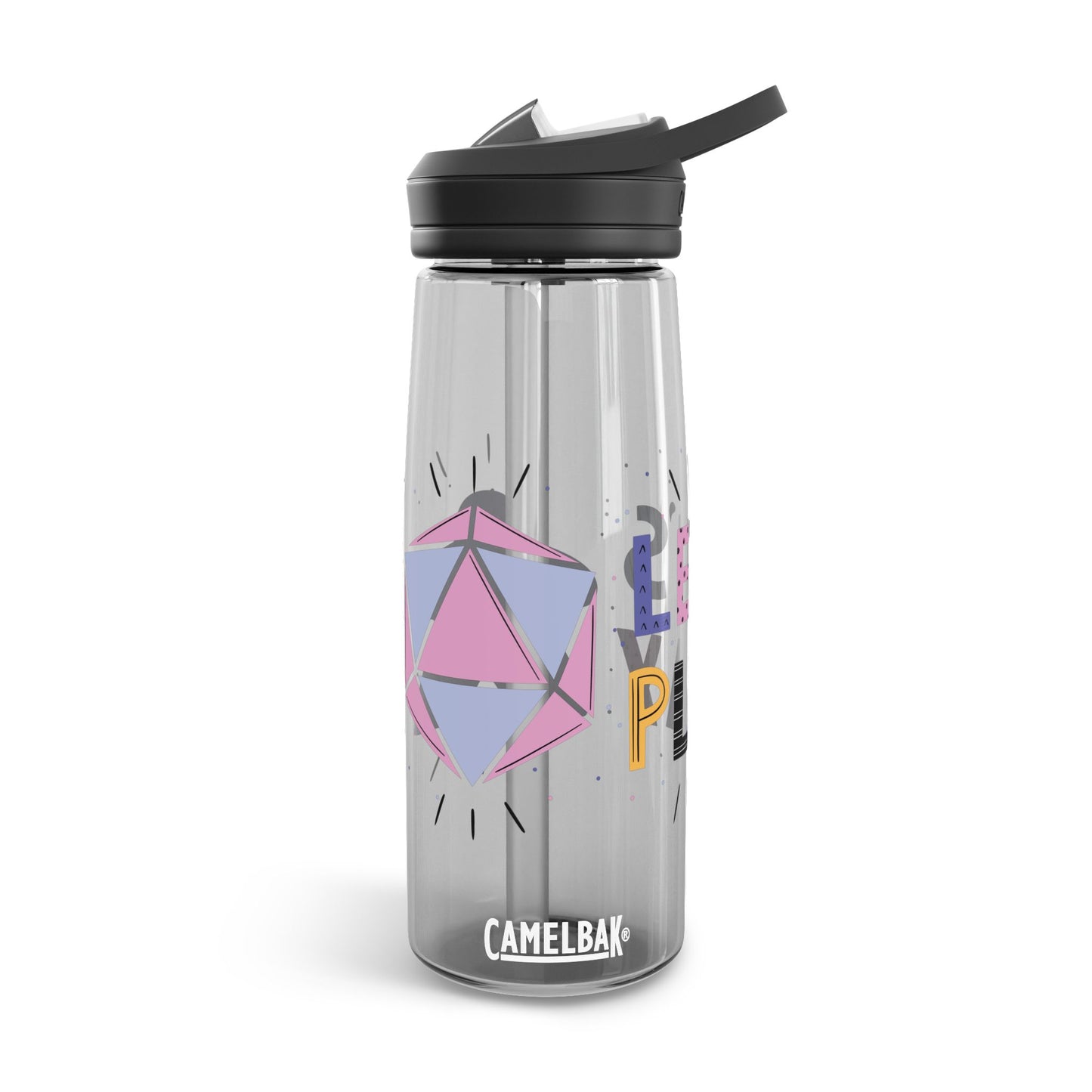 Water Bottle – "Let's Play" Design with Meeple and D20 – 20oz & 25oz Leak-Proof Bottle