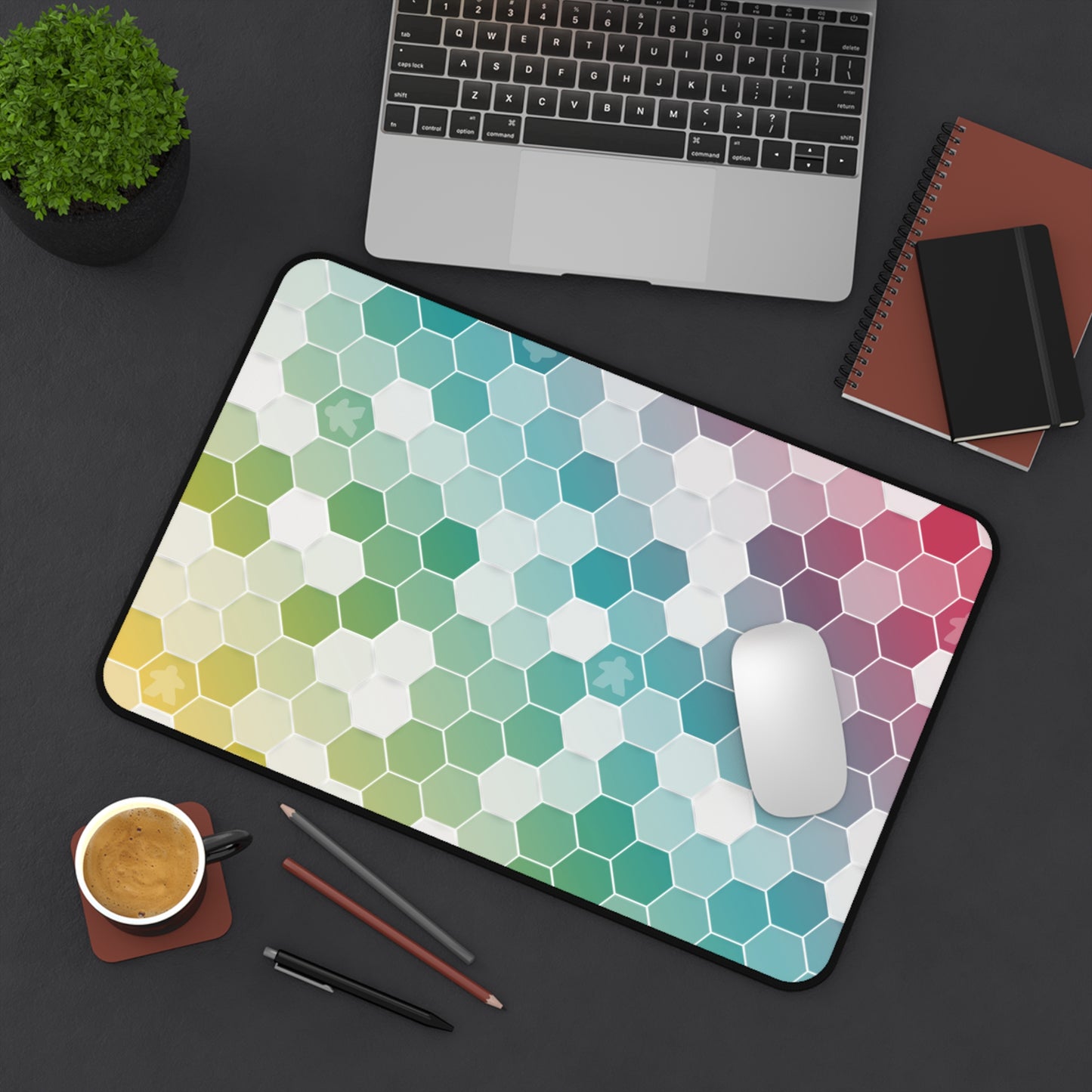 Rainbow Hexagon Desk Mat – Board Game Inspired Design with Subtle Meeples – Extra-Large Gaming and Office Desk Mat