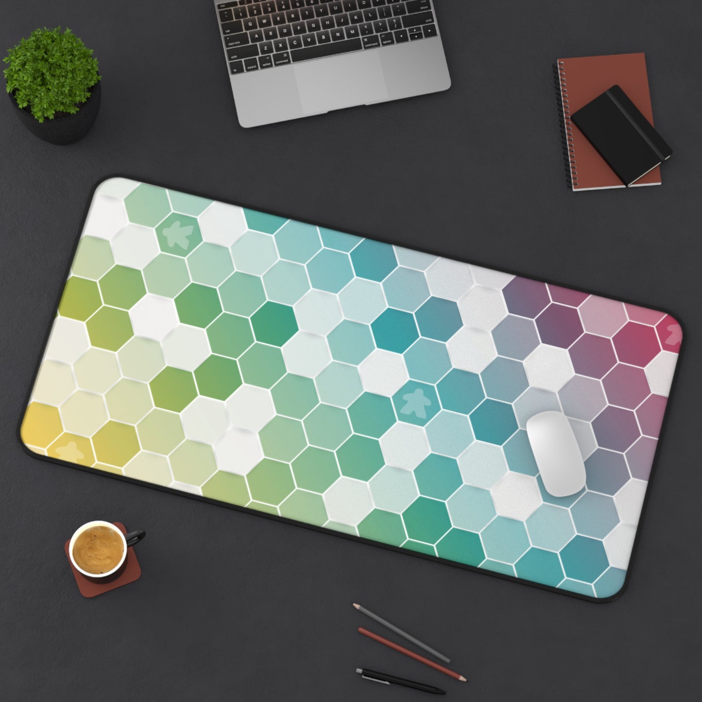 Rainbow Hexagon Desk Mat – Board Game Inspired Design with Subtle Meeples – Extra-Large Gaming and Office Desk Mat