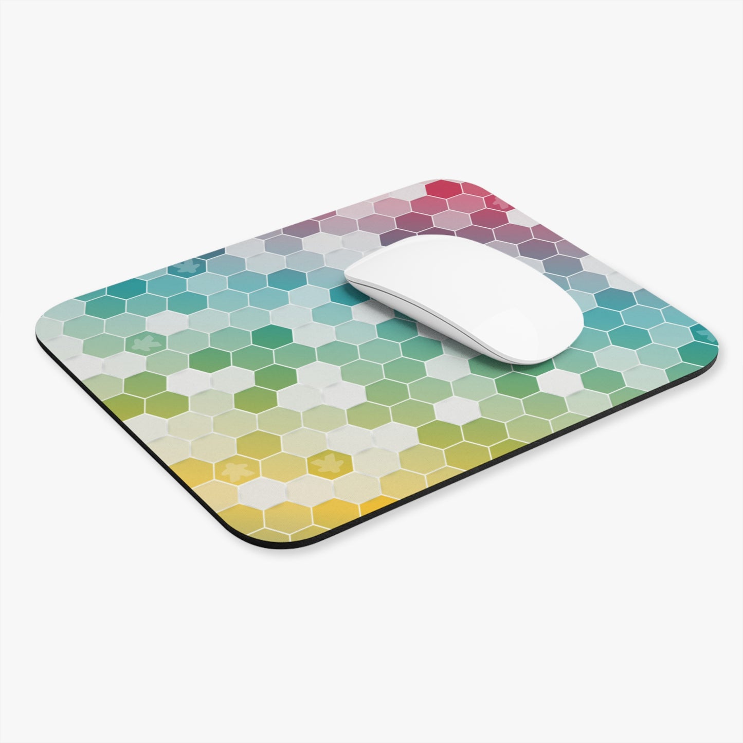 Rainbow Hexagon Mouse Pad – Board Game Inspired Design with Subtle Meeples – Gaming and Office Accessory